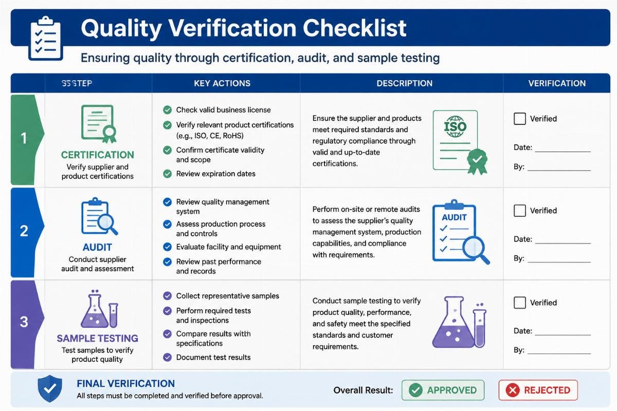 Quality verification checklist showing certification, audit, and sample testing steps