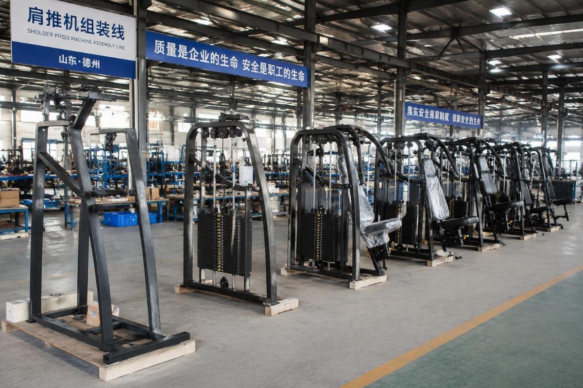Row of shoulder press machines in different stages of assembly at a Shandong factory floor