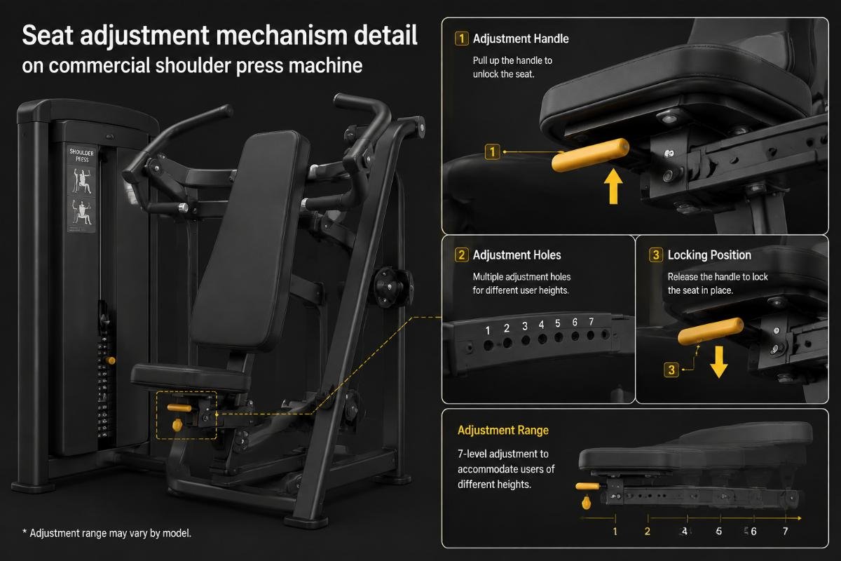 Seat adjustment mechanism detail on commercial shoulder press machine