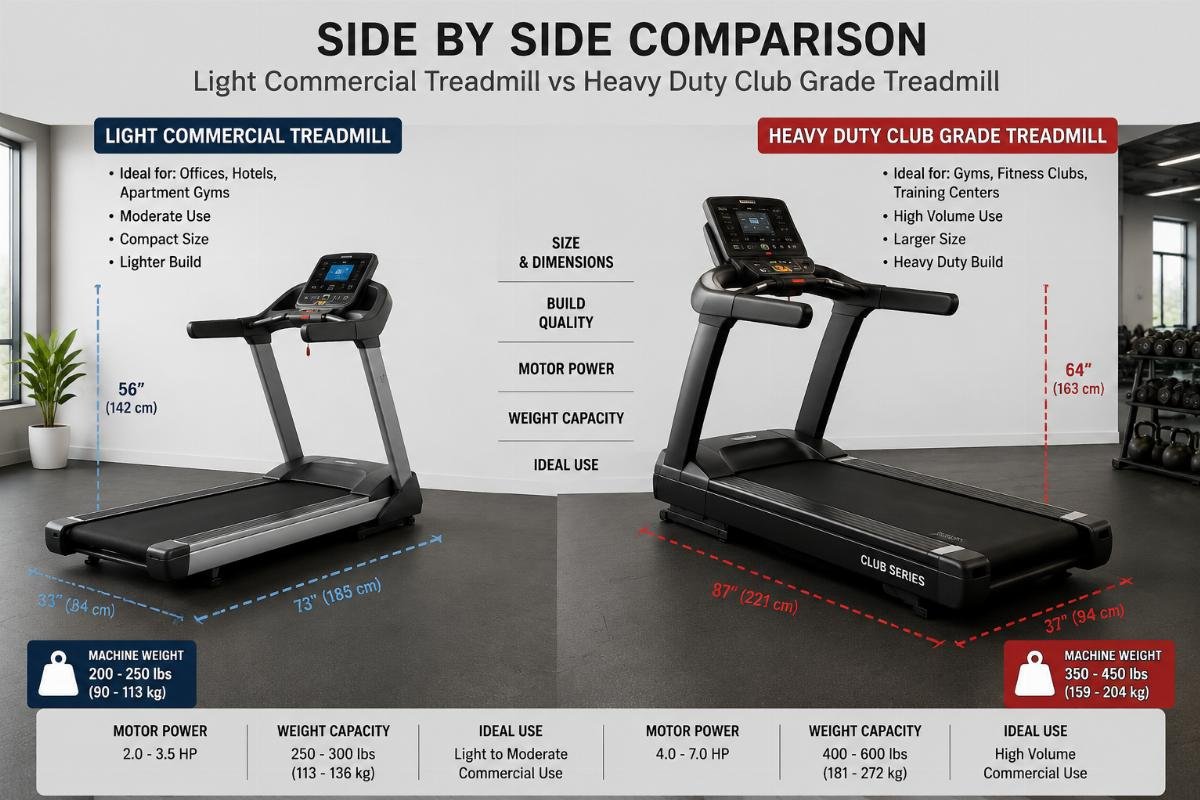 Side by side comparison of a light commercial treadmill and a heavy duty club grade treadmill showing size and build differences