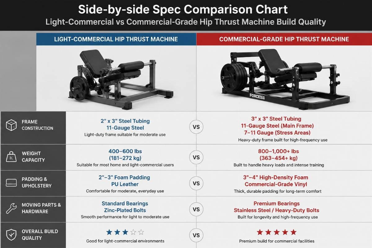 Side-by-side spec comparison chart of light-commercial versus commercial-grade hip thrust machine build quality