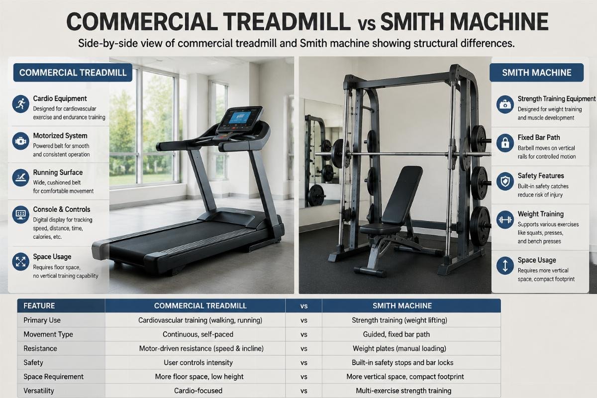 Side-by-side view of commercial treadmill and Smith machine showing structural differences