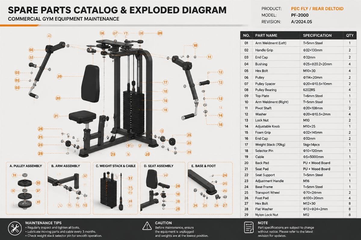 Spare parts catalog and exploded diagram for commercial gym equipment maintenance