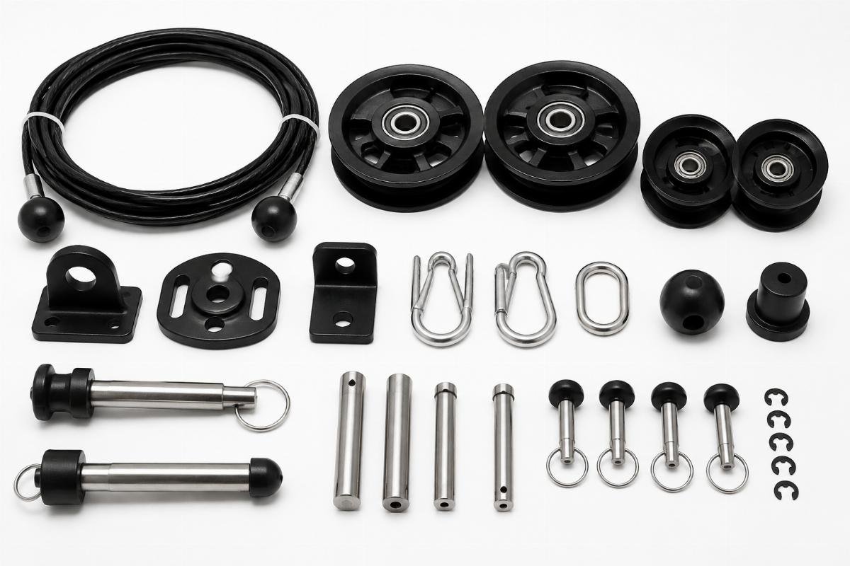 Spare parts kit for fitness equipment including cables, pulleys, and pins