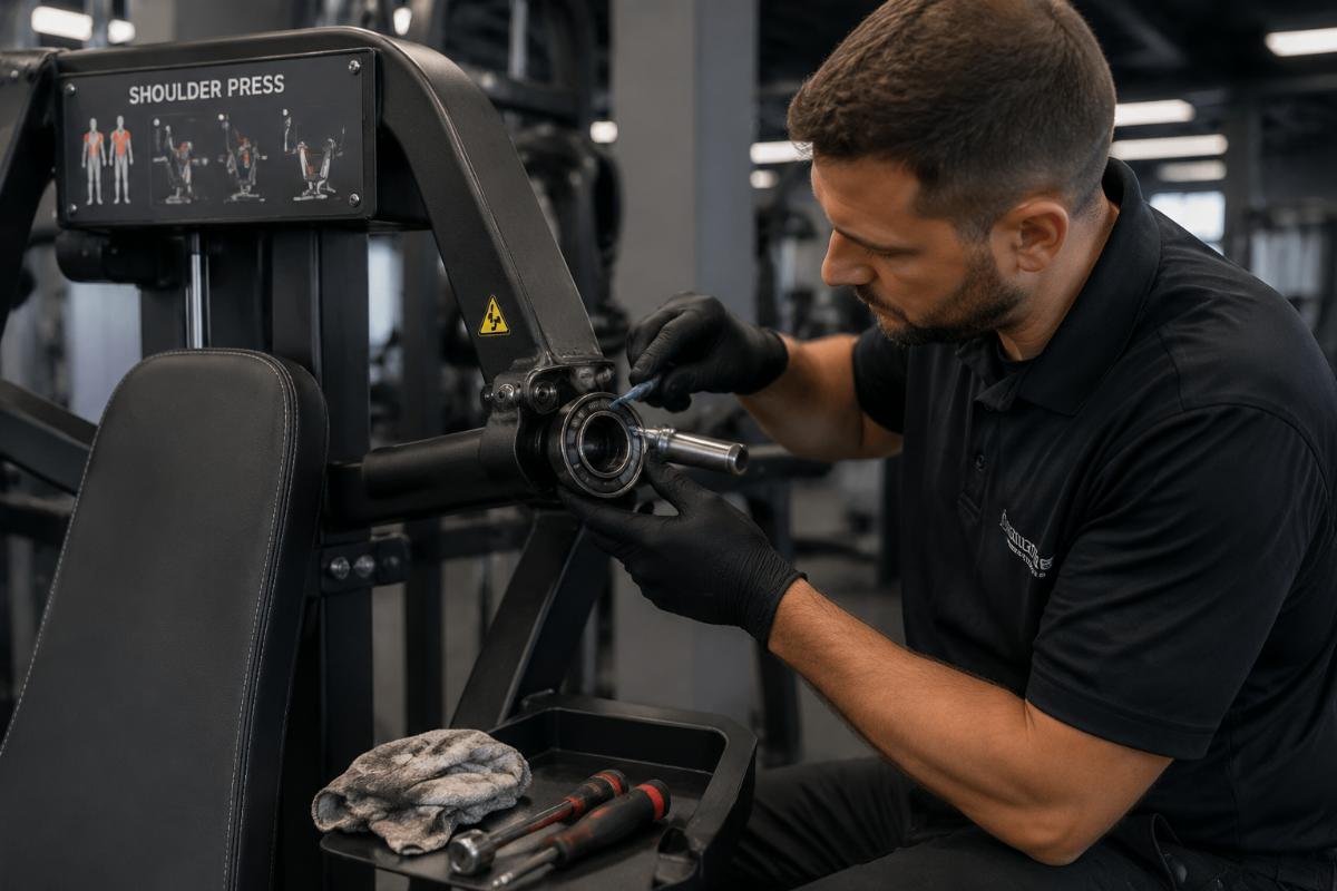 Technician inspecting and maintaining bearing systems on a commercial shoulder press machine