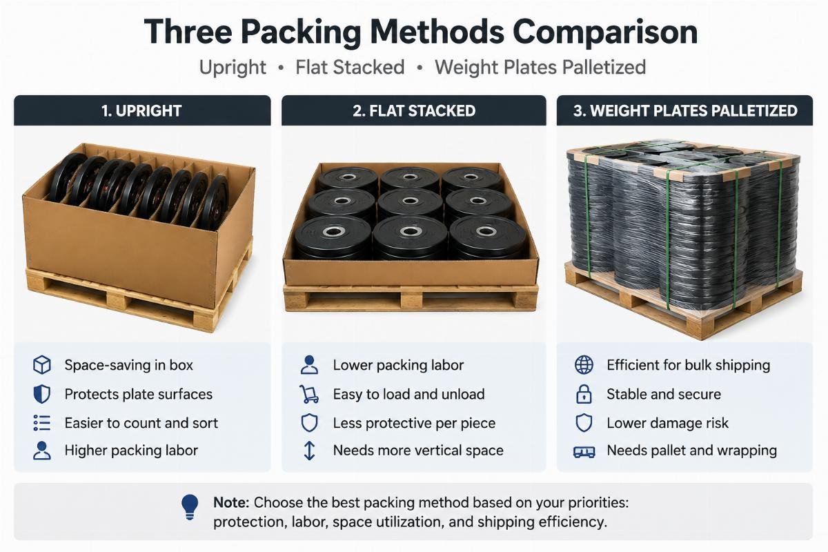 Three packing methods comparison: upright, flat stacked, and weight plates palletized
