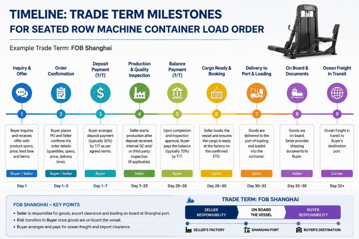Timeline showing trade term milestones for a seated row machine container load order