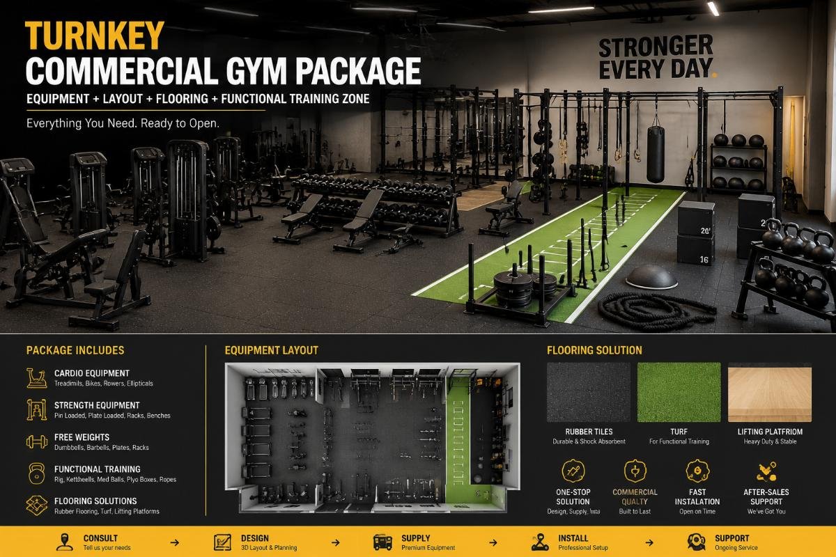 Turnkey commercial gym package showing equipment layout flooring and functional training zone