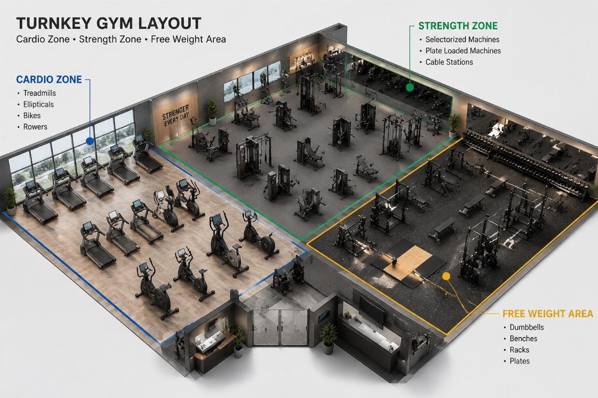 Turnkey gym layout showing cardio zone, strength zone, and free weight area