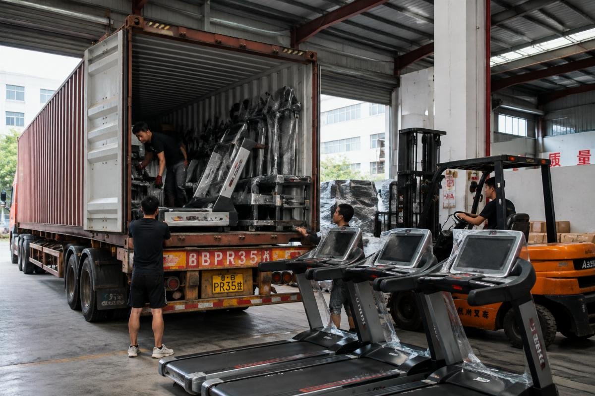 Warehouse scene showing a full container of commercial treadmills and fitness equipment being unloaded