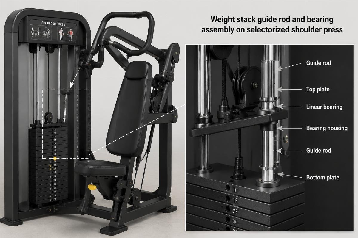 Weight stack guide rod and bearing assembly on selectorized shoulder press