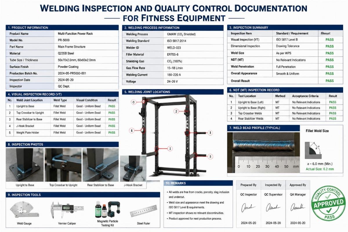 Welding inspection and quality control documentation for fitness equipment
